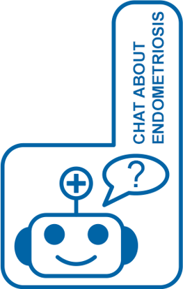 Logo: Robot head smiling with a speech bubble. Inside the speech bubble is a question mark. Above the illustration it says Chat About Endometriosis